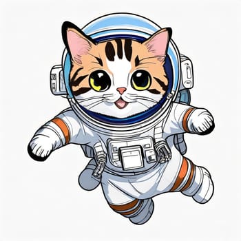 Anime cute a cat in astronaut uniform on flying, white background 