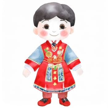 watercolors style, full body of cartoon cute chiness kid character with Chinese dress
