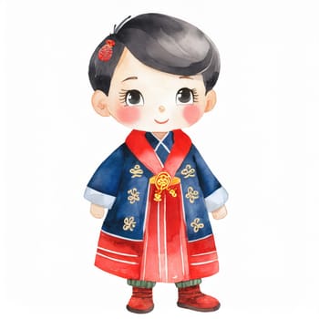 watercolors style, cartoon cute chiness kid character with Chinese dress, white background
