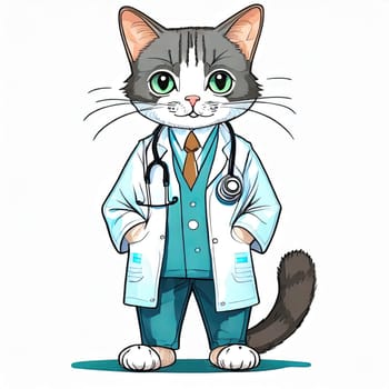 Anime cute a cat in doctor uniform on white background