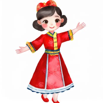 watercolors style, full body of cartoon cute chiness kid character with Chinese dress