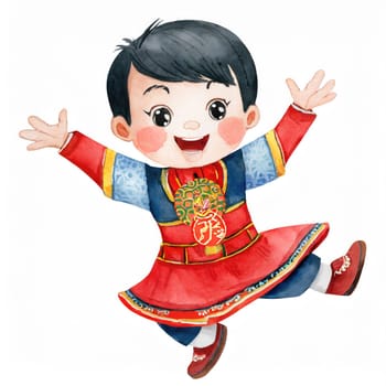 watercolors style, full body jumping action of cartoon cute Potrait kid character with Chiness dress.