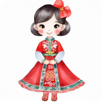 watercolors style, full body of cartoon cute chiness kid character with Chinese dress