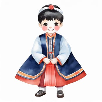 watercolors style, full body action of cartoon cute Potrait kid with Korean dress