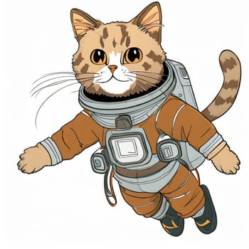 Anime cute a cat in astronaut uniform on flying, white background 