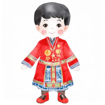 watercolors style, full body of cartoon cute chiness kid character with Chinese dress