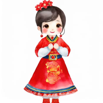 watercolors style, full body of cartoon cute chiness kid character with Chinese dress