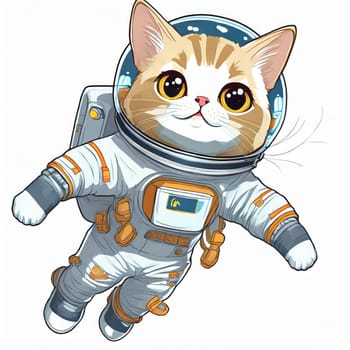 Anime cute a cat in astronaut uniform on flying, white background 