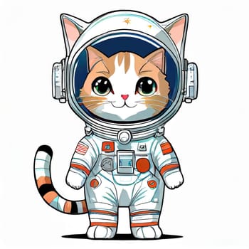 Anime cute a cat in astronaut uniform on flying, white background 