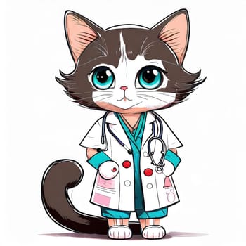 Anime cute a cat in doctor uniform on white background