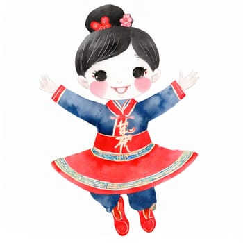 watercolors style, full body jumping action of cartoon cute Potrait kid character with Chiness dress.