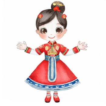 watercolors style, full body of cartoon cute chiness kid character with Chinese dress