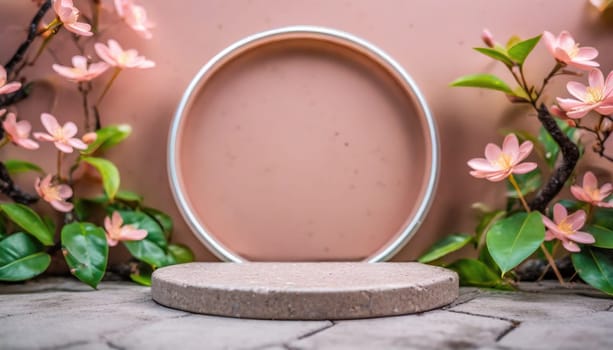 Valentine concept. 3d products podium with pink neon and sakura blossom flower background.