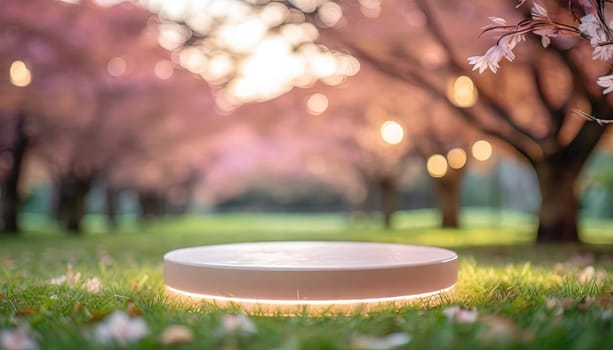 Valentine concept. 3d products podium with pink neon and sakura blossom flower background.