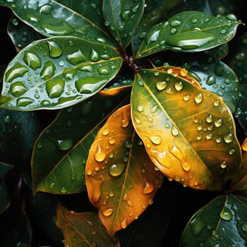 Spring summer natural background. closeup of water drops on tea leaves. AI Generated