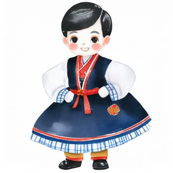 watercolors style, full body action of cartoon cute Potrait kid with Korean dress