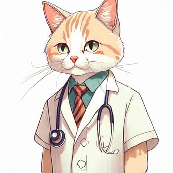 Anime cute a cat in doctor uniform on white background