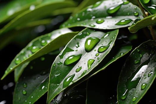 Spring summer natural background. closeup of water drops on tea leaves. AI Generated