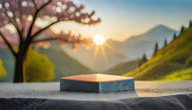 3D products podium rock stone on background with sakura flower, minimal scene for product placement, pedestal