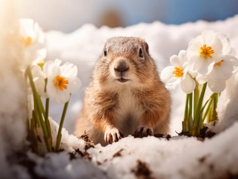 The groundhog came out of his hole. The first snowdrops are blooming next to the hole. Groundhog Day.