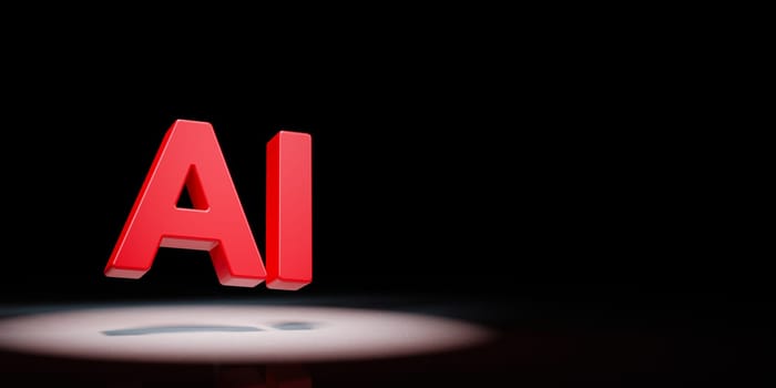 Red AI 3D Text Spotlighted on Black Background with Copy Space 3D Illustration