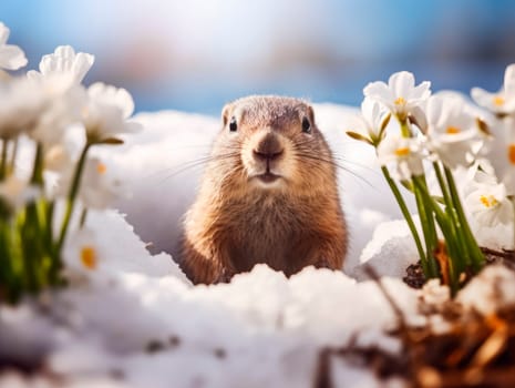 The groundhog came out of his hole. The first snowdrops are blooming next to the hole. Groundhog Day.