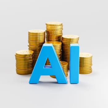AI Text ahead of Stacks of Golden Coins on Light Gray Background 3D Render Illustration