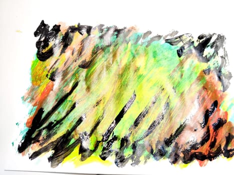 Background made of abstract painting with watercolor paints with water stains, waves and lines in yellow, green, red and black colors. Texture, pattern, frame, copy space and place for text