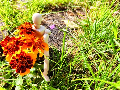 Wooden toy man with flowers against background grass in nature. Concept of holiday, gift bouquet, Valentine's Day, proposal, engagement, declaration of love, Mother's Day. Caring, loving and romantic