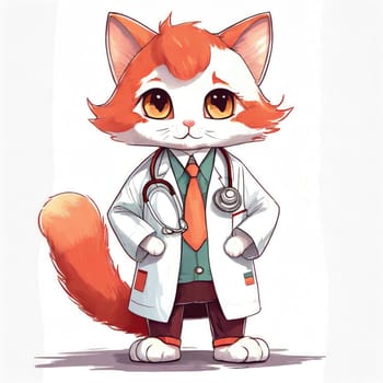 Anime cute a cat in doctor uniform on white background