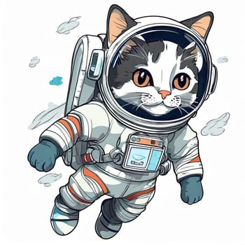 Anime cute a cat in astronaut uniform on flying, white background 