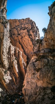 A breathtaking view of Caminito del Rey featuring high cliffs, a far-off river, and tourists on elevated walkways, not for the faint-hearted.