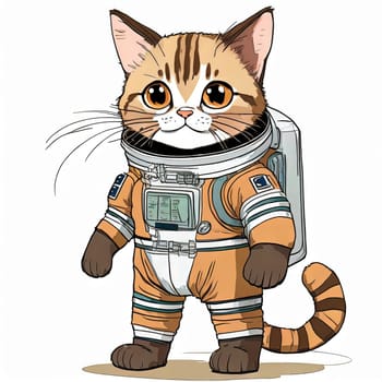 Anime cute a cat in astronaut uniform on flying, white background 