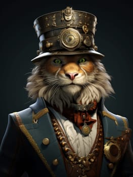 Steampunk lion, adorned with a distinguished top hat, its intricate gears and mechanical prowess symbolizing a fusion of elegance and ingenuity.