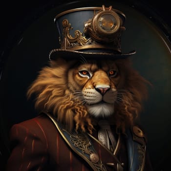 Steampunk lion, adorned with a distinguished top hat, its intricate gears and mechanical prowess symbolizing a fusion of elegance and ingenuity.