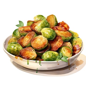 roasted brussel sprouts with bacon detailed watercolor illustration isolated on white background.