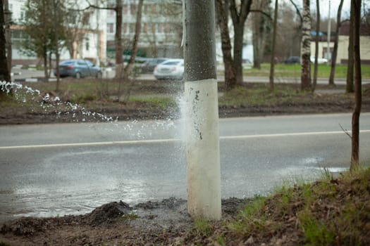 Washing a pole on the road. A worker washes the street. Water supply from the hose.