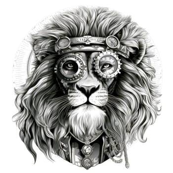 Steampunk lion with intricate gears and mechanical prowess symbolizing a fusion of elegance and ingenuity. Isolated on white background