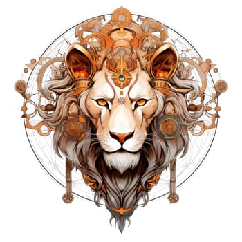 Steampunk lion with intricate gears and mechanical prowess symbolizing a fusion of elegance and ingenuity. Isolated on white background