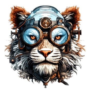 Steampunk lion with intricate gears and mechanical prowess symbolizing a fusion of elegance and ingenuity. Isolated on white background