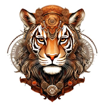 Steampunk tiger with intricate gears and mechanical prowess symbolizing a fusion of elegance and ingenuity. Isolated on white background