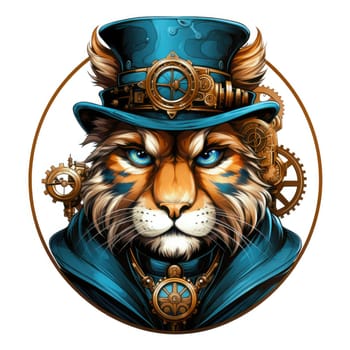 Steampunk lion with intricate gears and mechanical prowess symbolizing a fusion of elegance and ingenuity. Isolated on white background