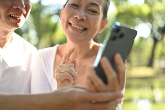 Cheerful senior couple relaxing in the park and using mobile phone. Technology and retirement lifestyle concept.