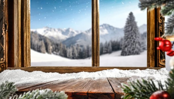 Wooden desk cover of snow and frost with christmas tree branch decoration.