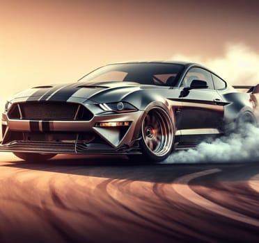 american mustang muscle classic car drift burn rubber in rally race in the street ai generated