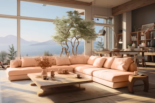 interior with SOFT sofa , concept color of the year 2024 Peach Fuzz. AI Generated