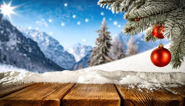 Wooden desk cover of snow and frost with christmas tree branch decoration.