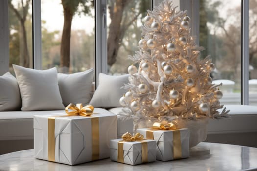 White modern home decorated for Christmas or New Year with a Christmas tree and gifts, a sofa and an illuminated window creating a warm festive atmosphere.