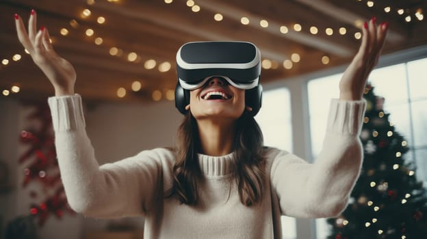 Attractive woman wearing VR goggles exploring cyberspace with Christmas decorated room on background.