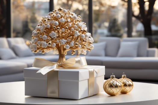 White modern home decorated for Christmas or New Year with a Christmas tree and gifts, a sofa and an illuminated window creating a warm festive atmosphere.